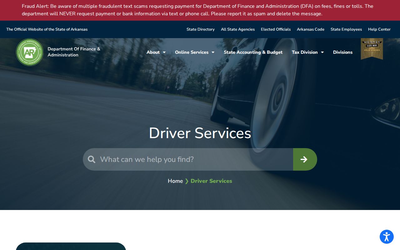Arkansas DFA Driver Services official information page