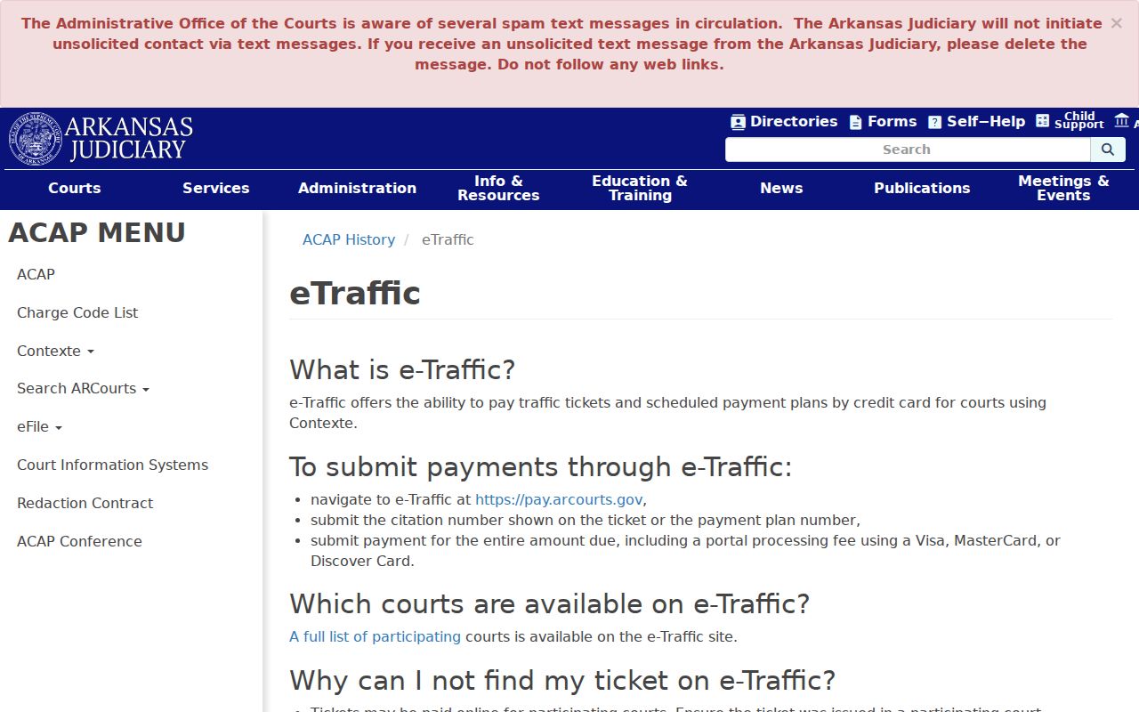 Arkansas Judiciary eTraffic participation and payment cautions
