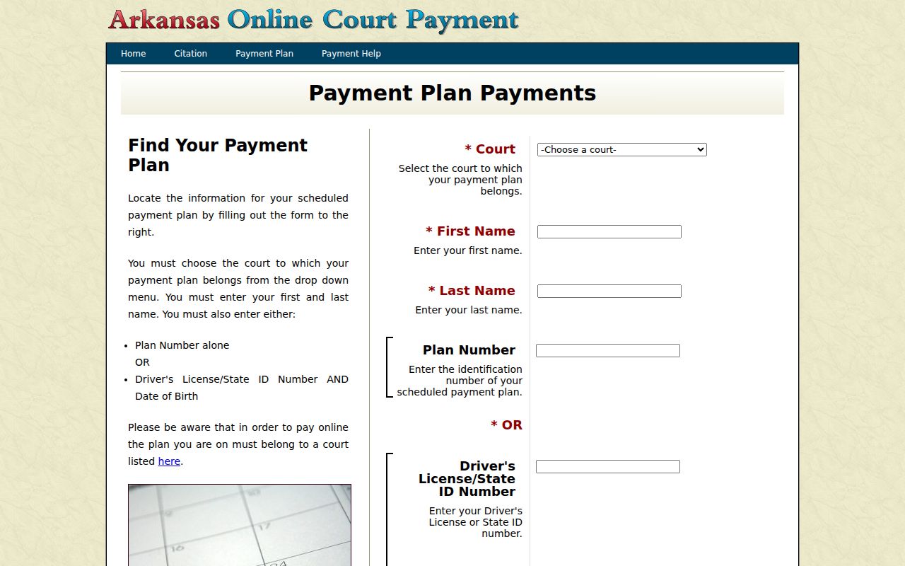 Arkansas eTraffic payment plan query for participating courts