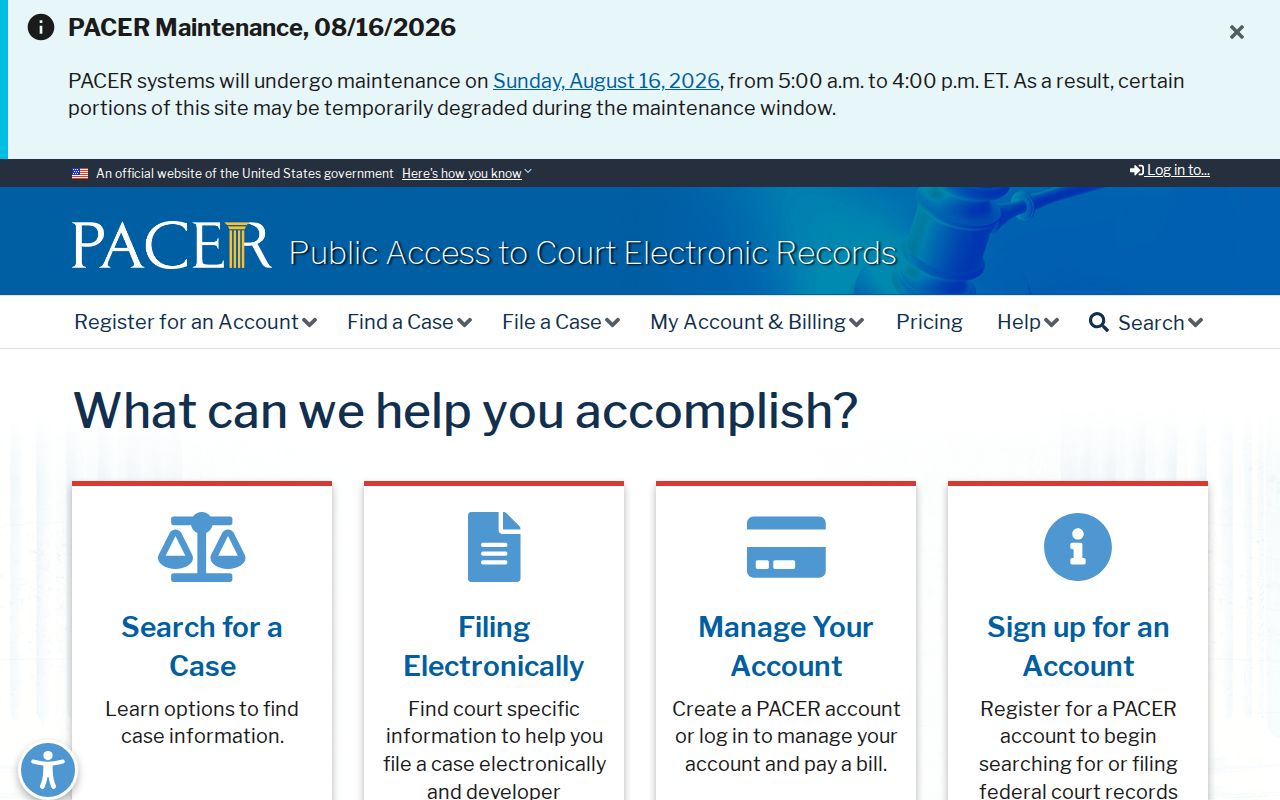 Official PACER federal court docket search service