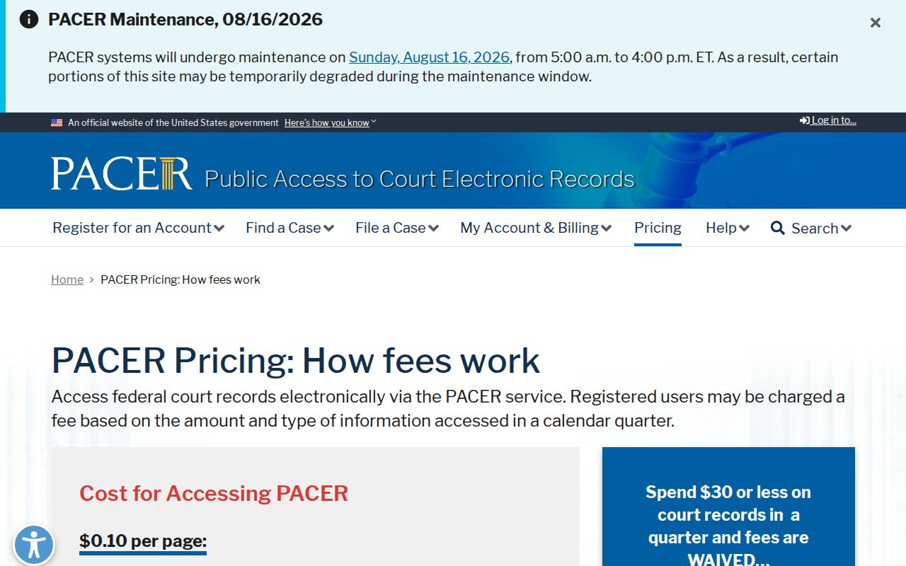 Official PACER federal docket pricing and fee information